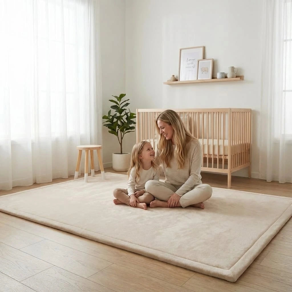 Mor og barn hygger på Bella Tæppet 2.0 i beige ved tremmesengen