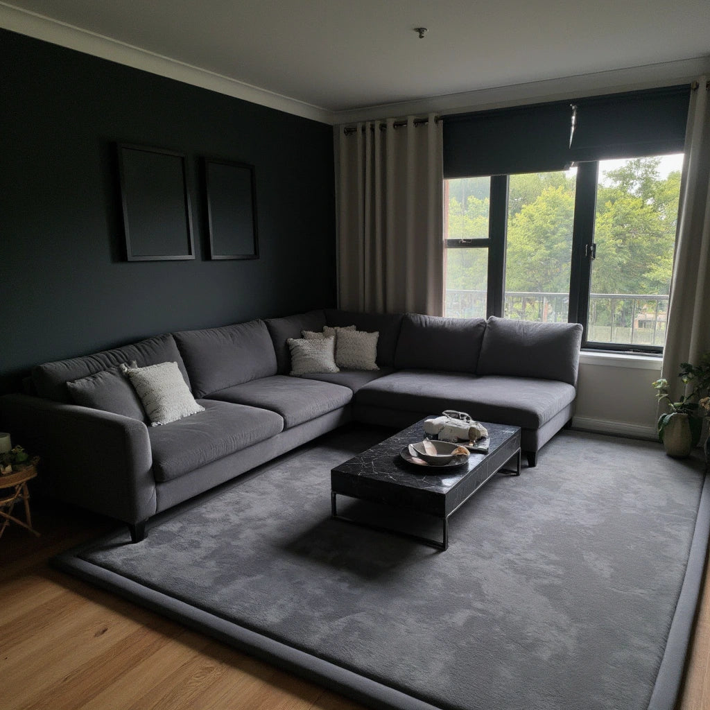 Bella Tæppet 2.0 i mørkegrå foran sofa i stuen